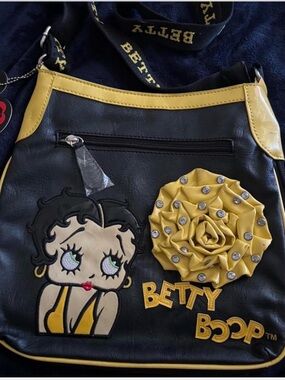 Betty Boop Black and Yellow Floral Rosette Crossbody Bag